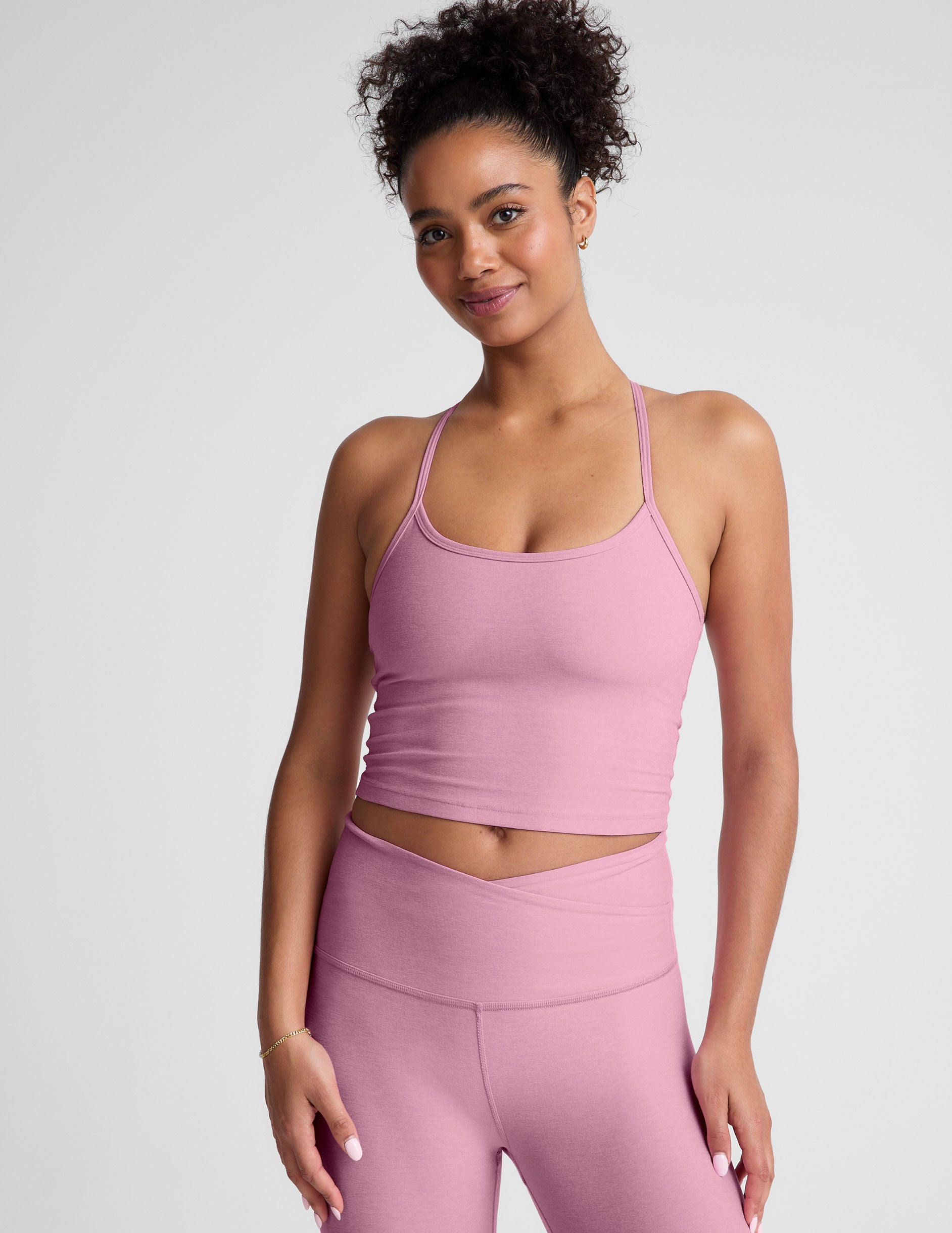 pink slim strapped racerback cropped tank.