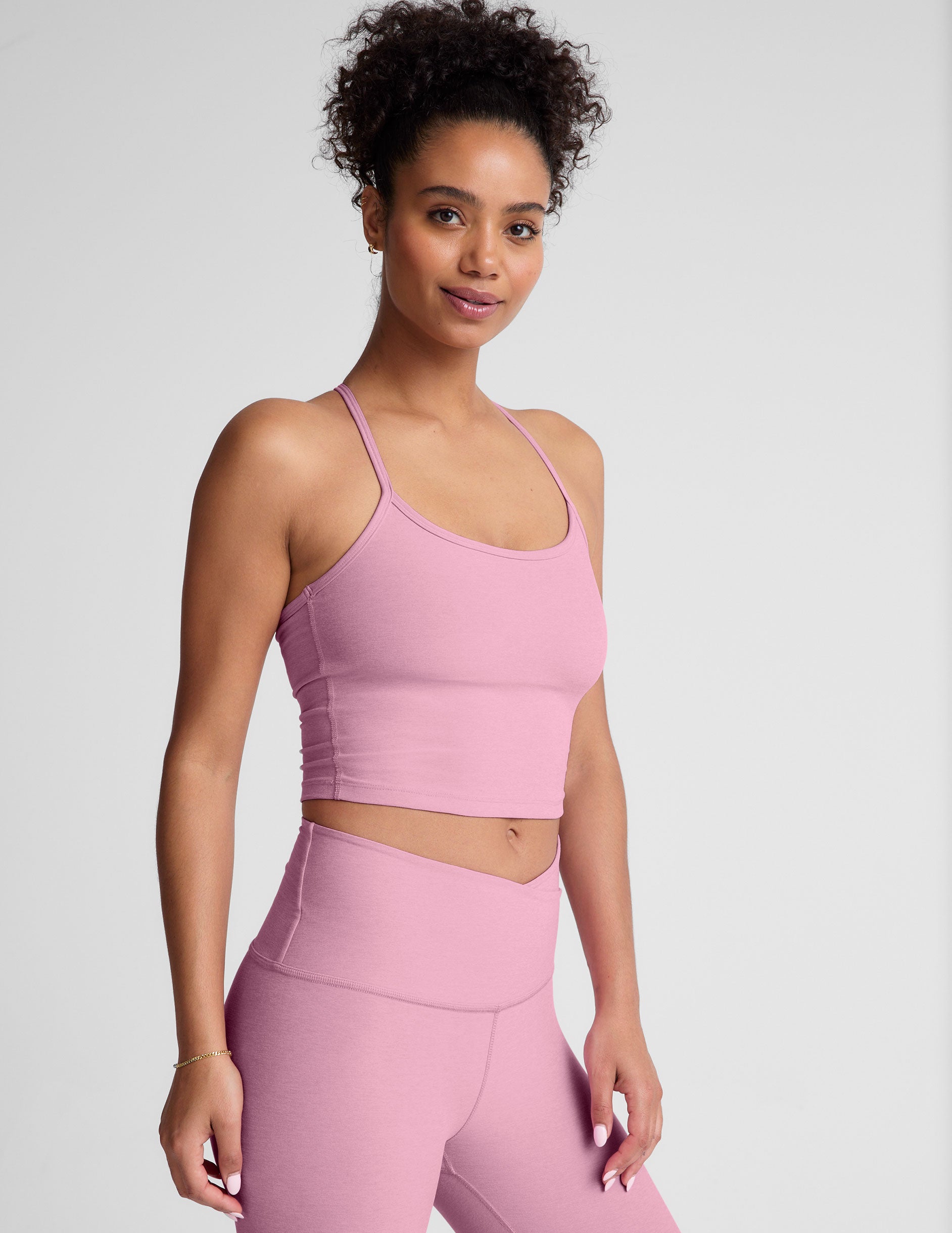 pink slim strapped racerback cropped tank.